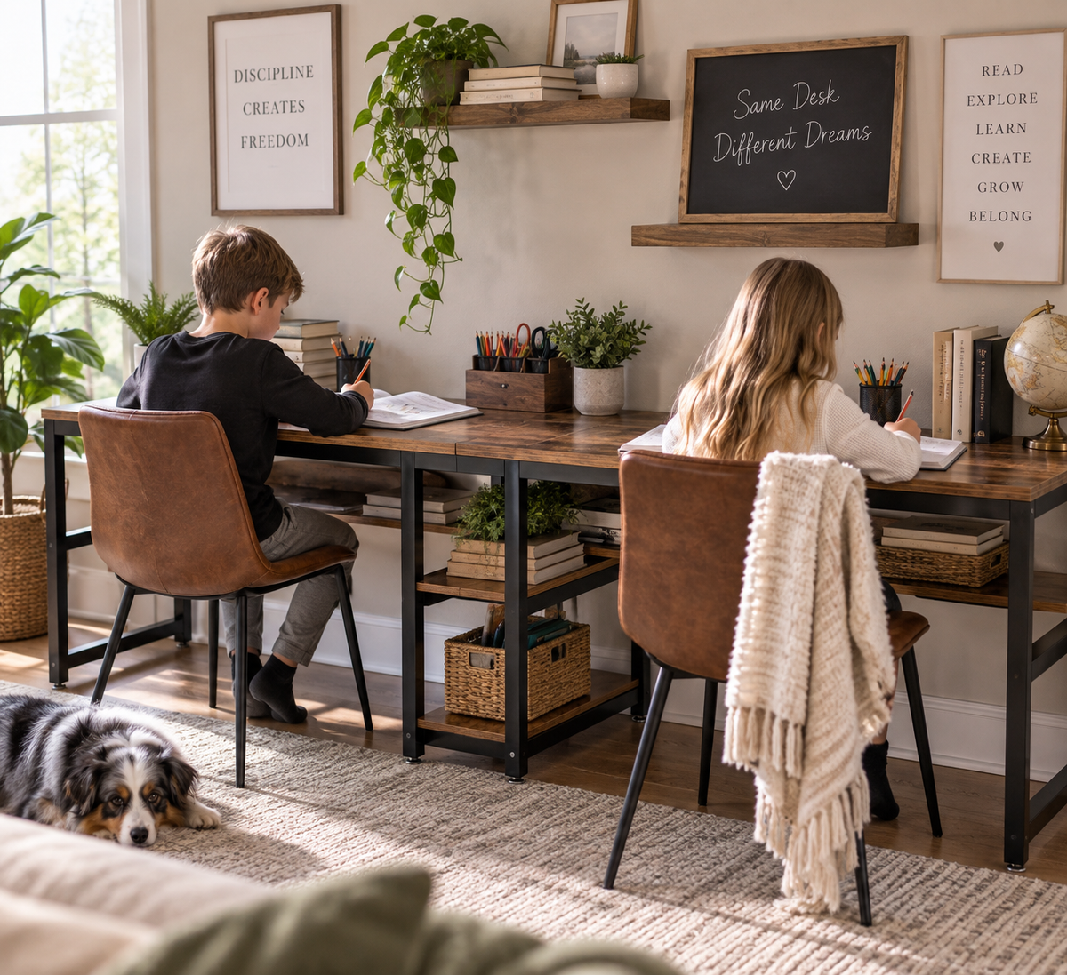 Two Person Computer Desk with Bookshelf