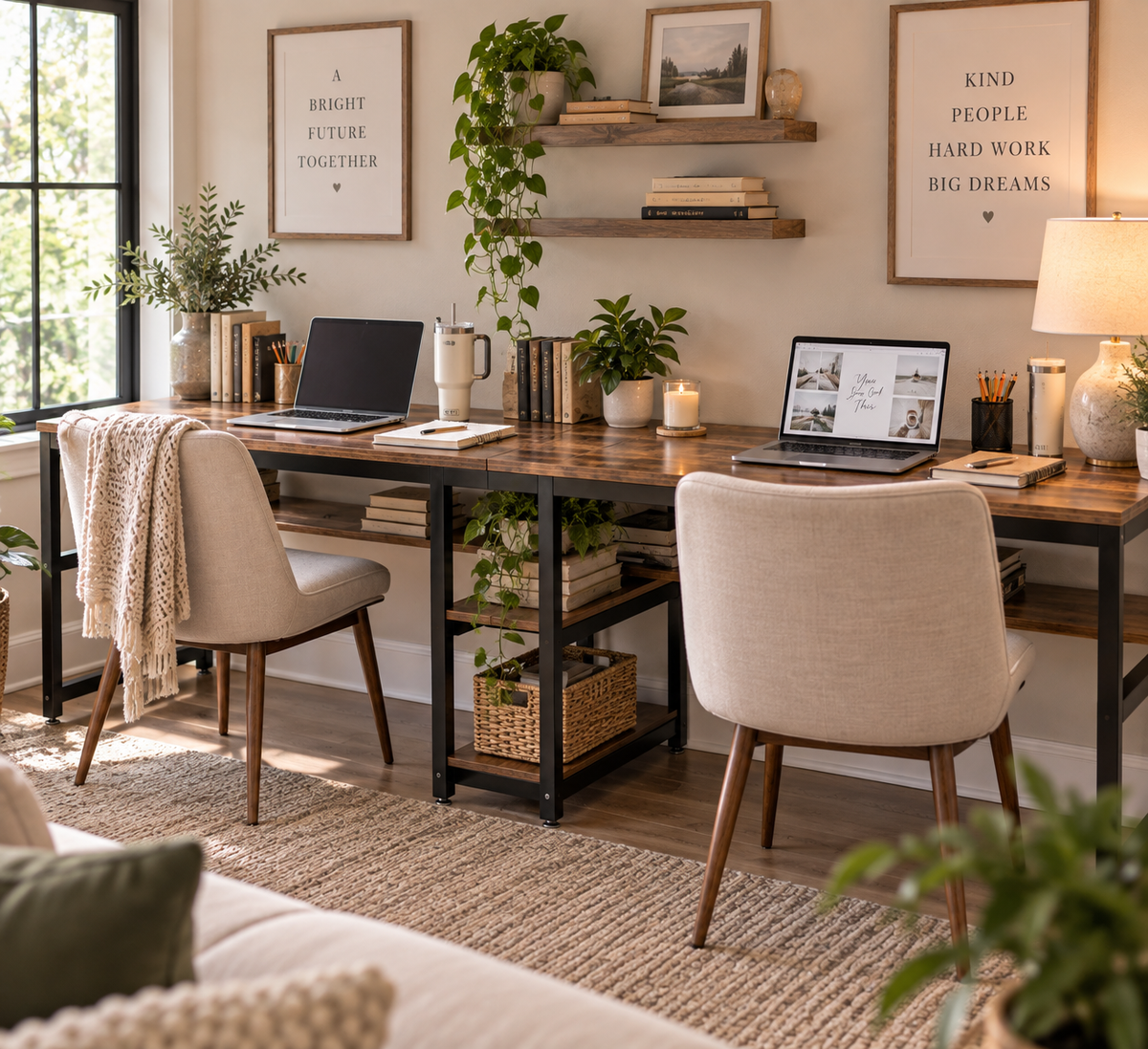 Two Person Computer Desk with Bookshelf
