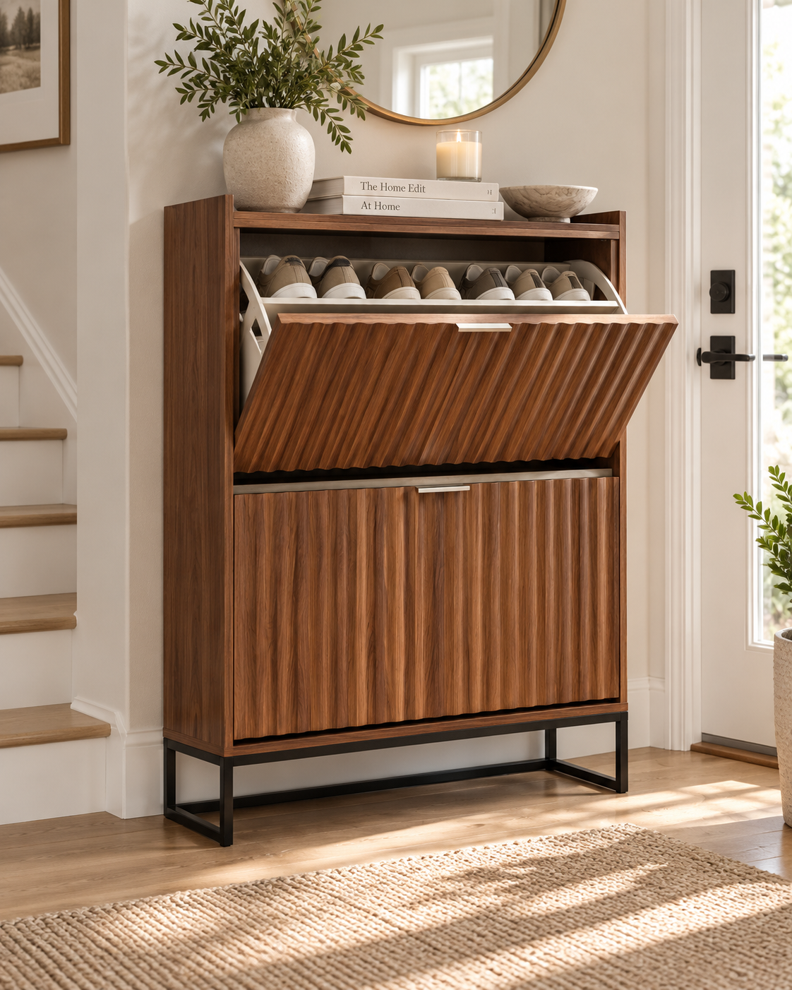 Fluted Walnut 2 Drawer Shoe Storage Cabinet