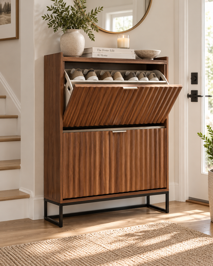 Fluted Walnut 2 Drawer Shoe Storage Cabinet