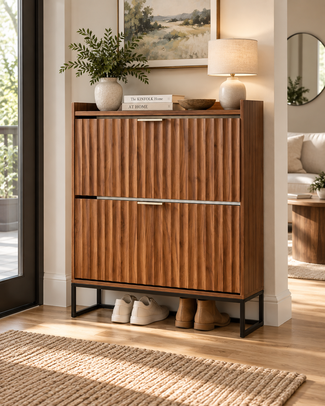 Fluted Walnut 2 Drawer Shoe Storage Cabinet