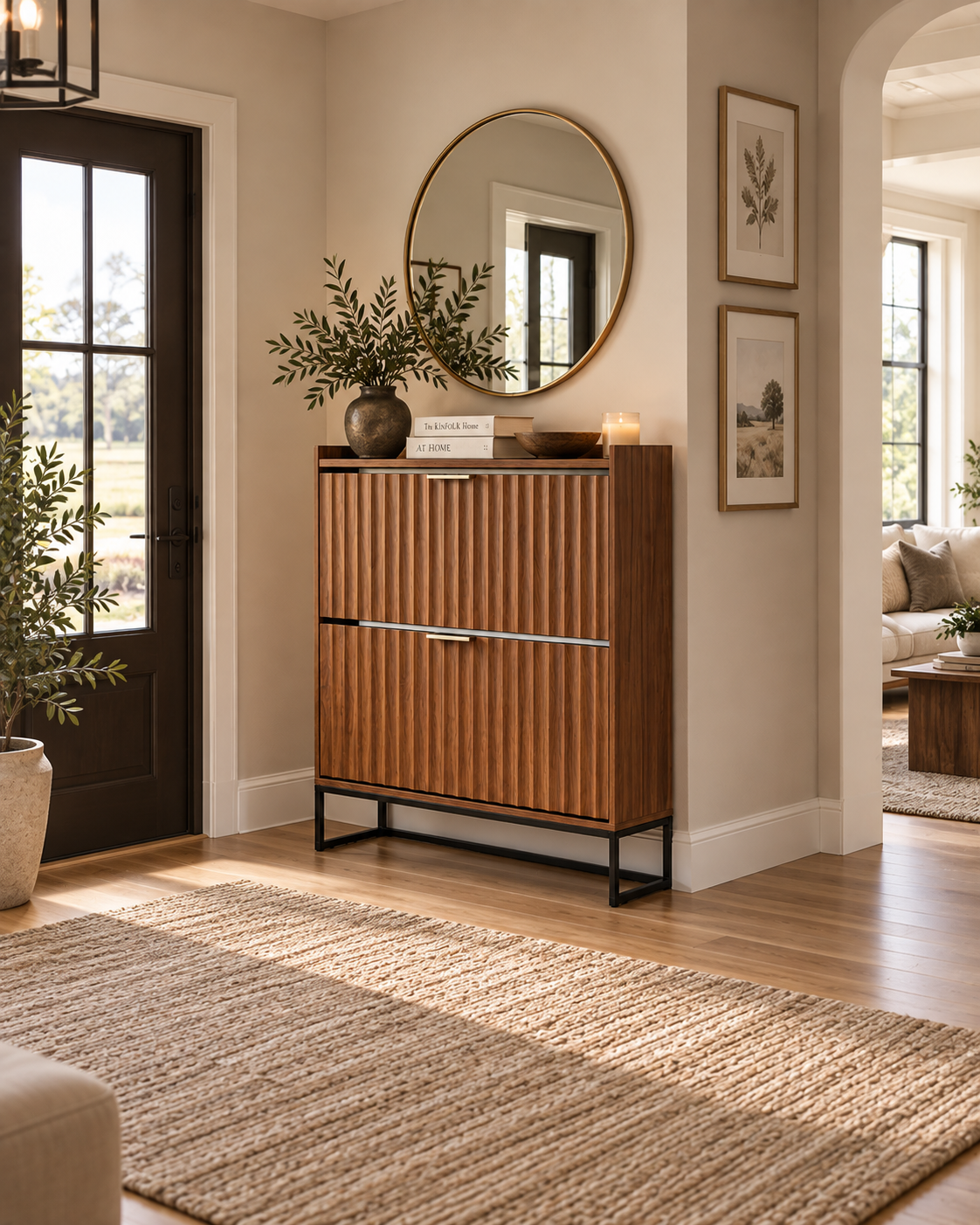 Fluted Walnut 2 Drawer Shoe Storage Cabinet