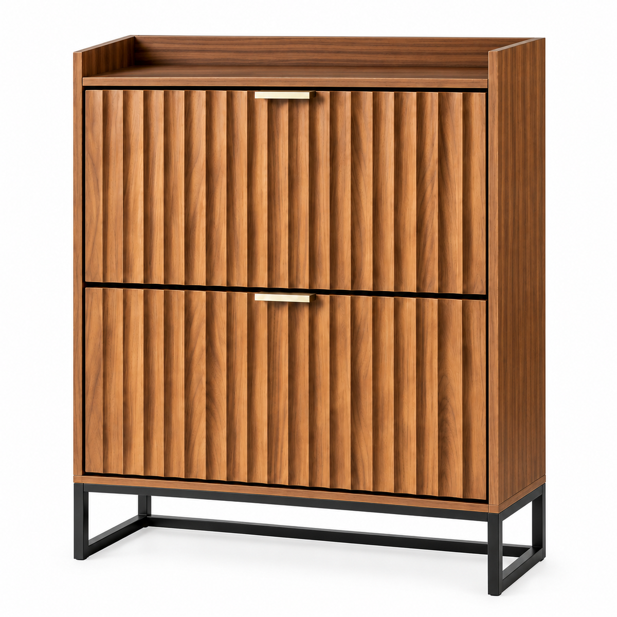 Fluted Walnut 2 Drawer Shoe Storage Cabinet