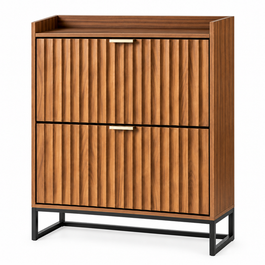 Fluted Walnut 2 Drawer Shoe Storage Cabinet