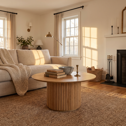 Oak pedestal coffee table styled with books and stoneware in a living room
