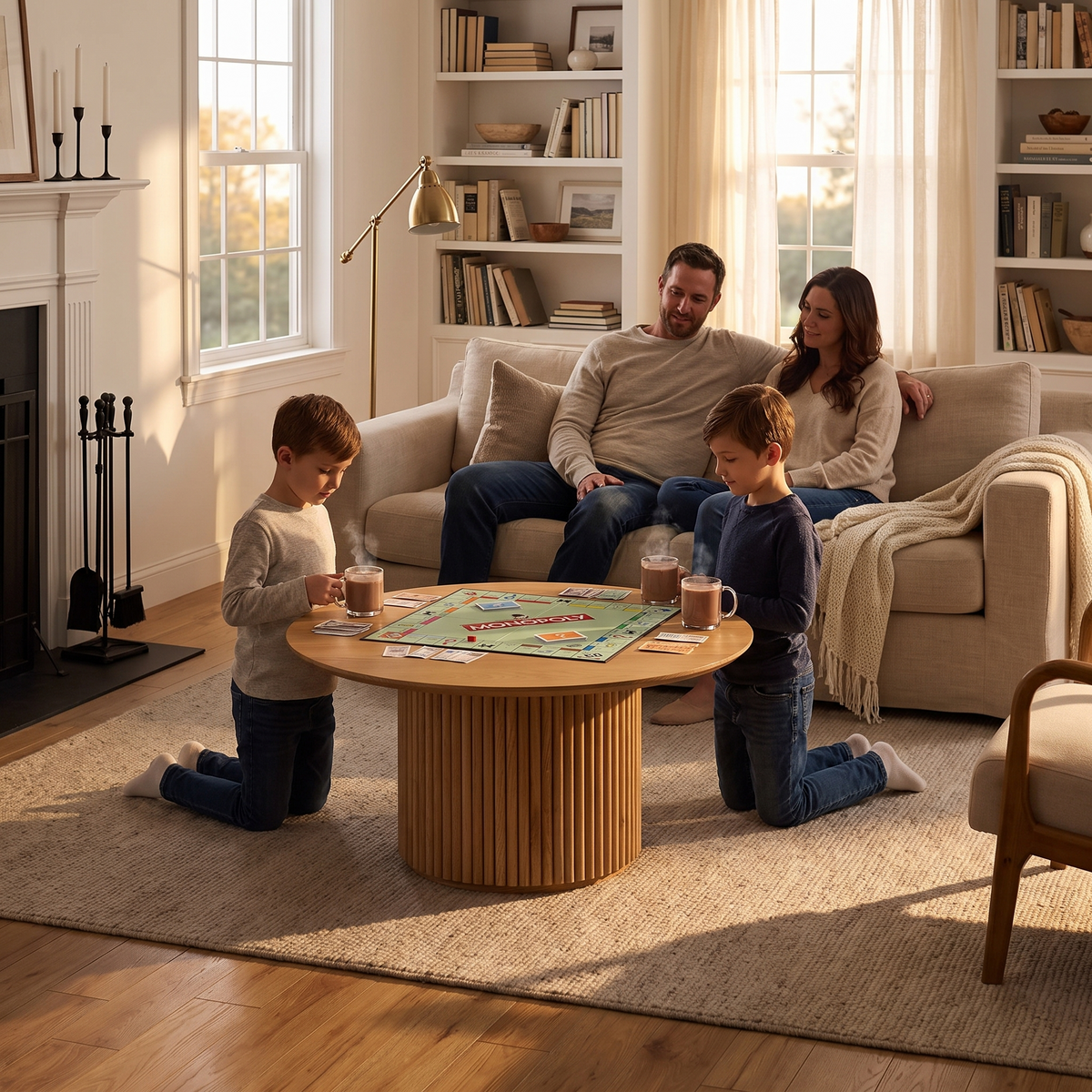 A family gathered around an oak pedestal coffee table in a farmhouse living room