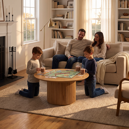A family gathered around an oak pedestal coffee table in a farmhouse living room