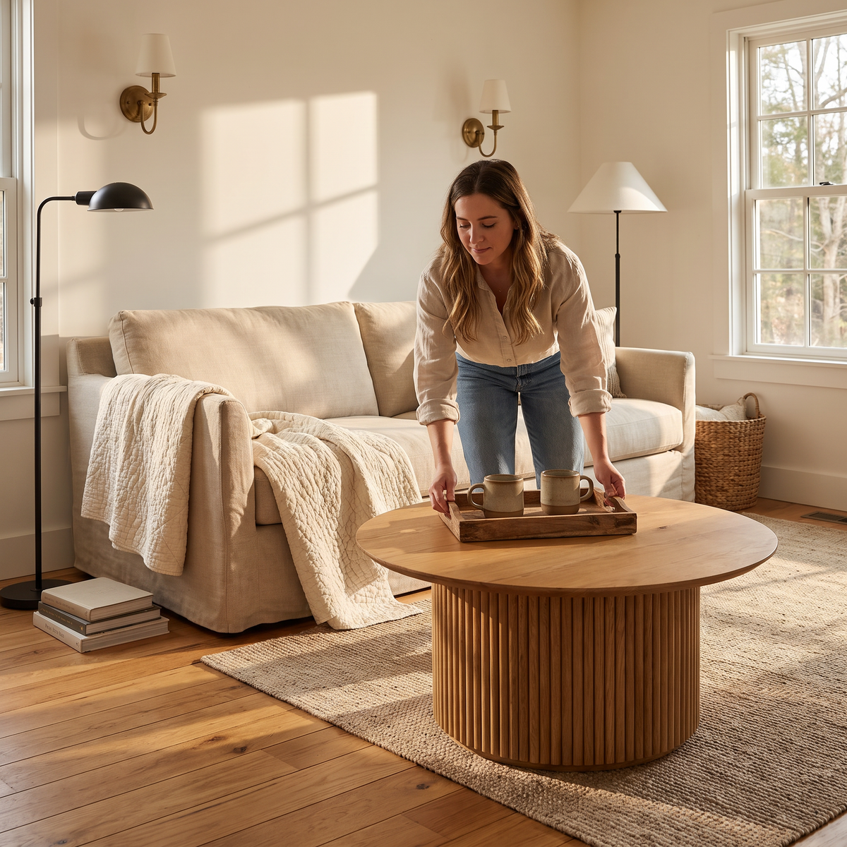 A mother setting mugs on an oak pedestal coffee table