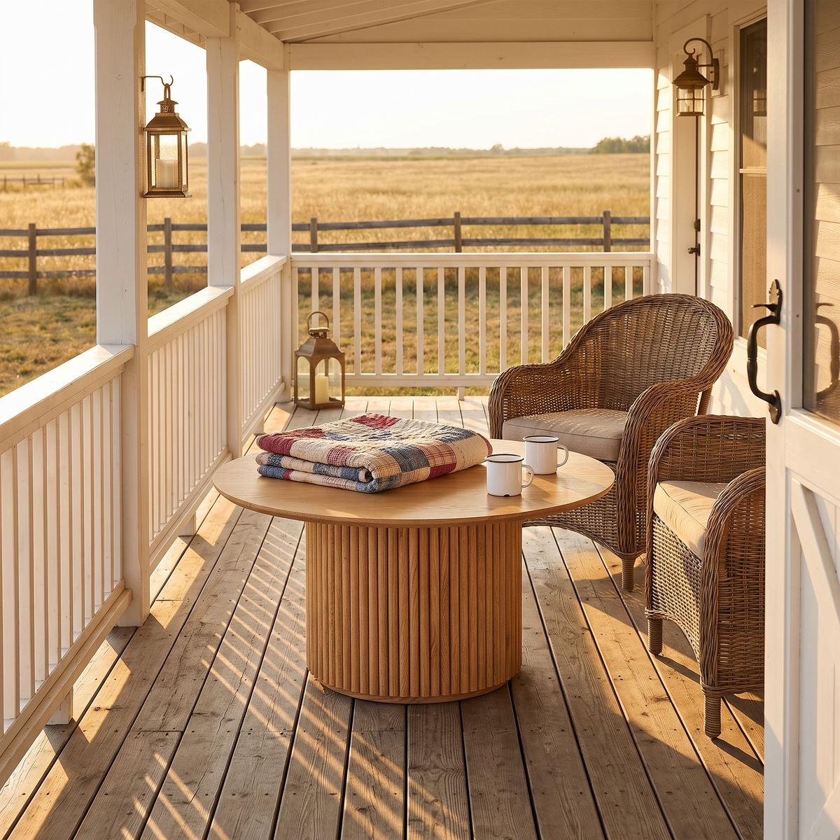 Oak pedestal coffee table with a quilt and mugs on a covered back porch